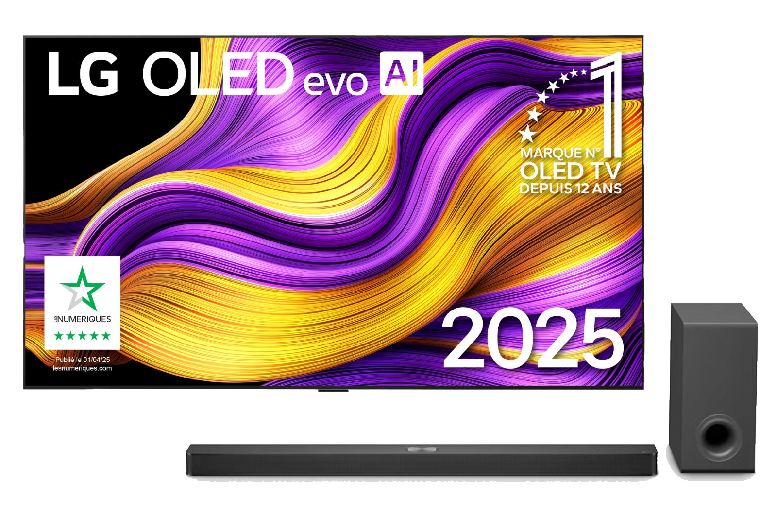 Front view of LG OLED evo AI G5 4K Smart TV. 12 Years of world number 1 OLED emblem and LG OLED evo AI 2025 logo are on the screen.