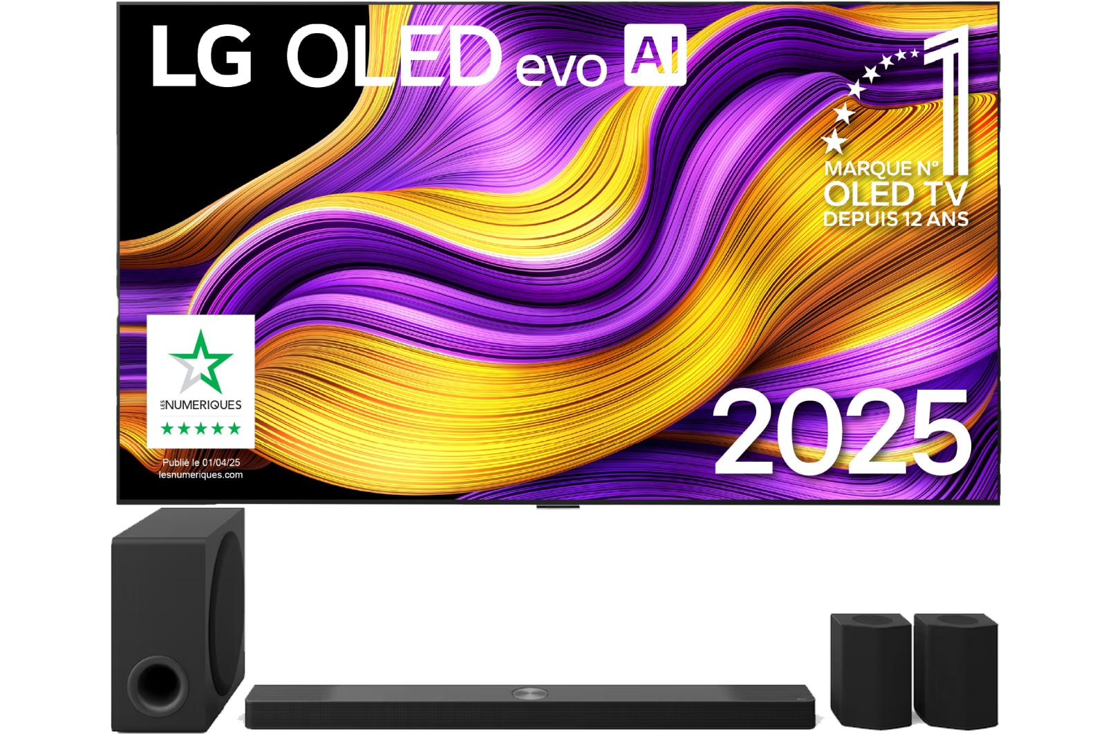 Front view of LG OLED evo AI G5 4K Smart TV. 12 Years of world number 1 OLED emblem and LG OLED evo AI 2025 logo are on the screen.
