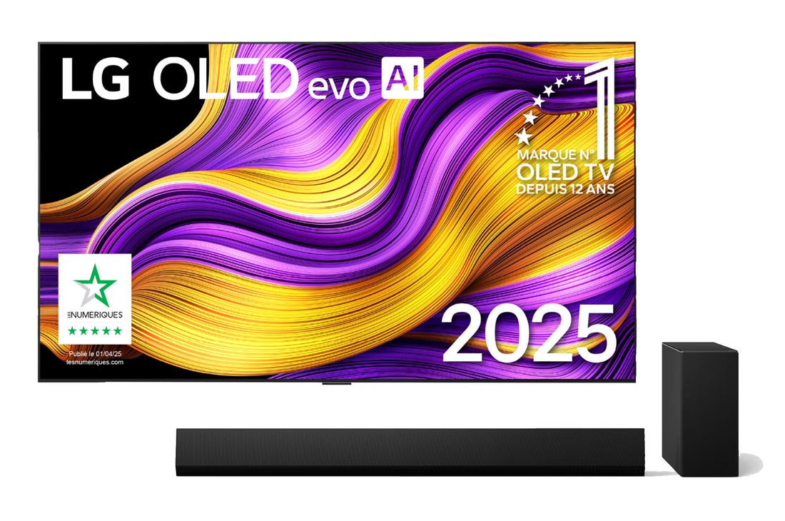 Front view of LG OLED evo AI G5 4K Smart TV. 12 Years of world number 1 OLED emblem and LG OLED evo AI 2025 logo are on the screen.