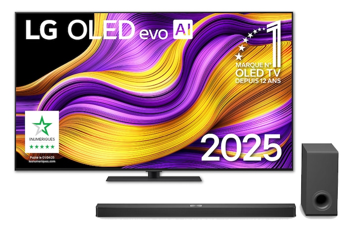 Vue avant du Pack 65 pouces (164 cm) LG OLED evo AI G5 4K Smart TV 2025 + Barre de son S90TY