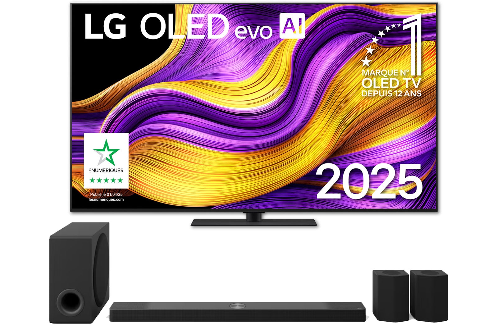 Vue avant de la Smart TV LG OLED evo AI G5 4K. L’emblème OLED numéro 1 dans le monde pendant 12 ans et le logo LG OLED evo AI 2025 sont à l’écran.