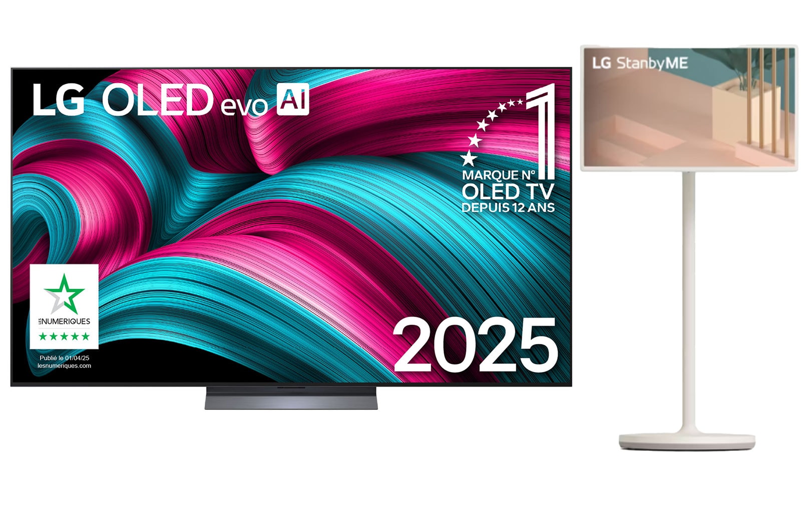 Vue avant de la Smart TV LG OLED evo AI C5 4K. L’emblème OLED numéro 1 dans le monde pendant 12 ans et le logo LG OLED evo AI 2025 sont à l’écran.