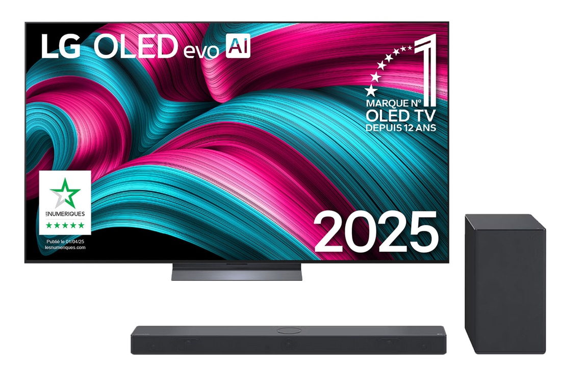 Vue avant de la Smart TV LG OLED evo AI C5 4K. L’emblème OLED numéro 1 dans le monde pendant 12 ans et le logo LG OLED evo AI 2025 sont à l’écran.