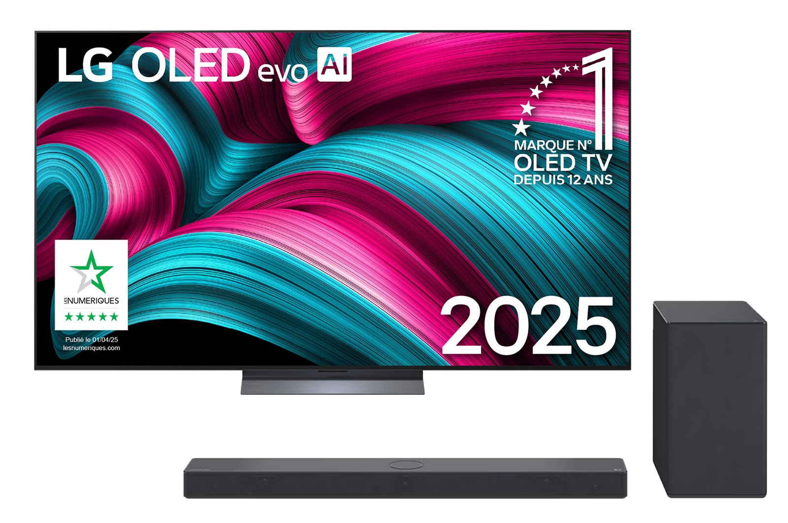 Front view of LG OLED evo AI C5 4K Smart TV. 12 Years of world number 1 OLED emblem and LG OLED evo AI 2025 logo are on the screen.