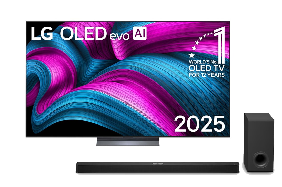 Front view of LG OLED evo AI C5 4K Smart TV. 12 Years of world number 1 OLED emblem and LG OLED evo AI 2025 logo are on the screen.