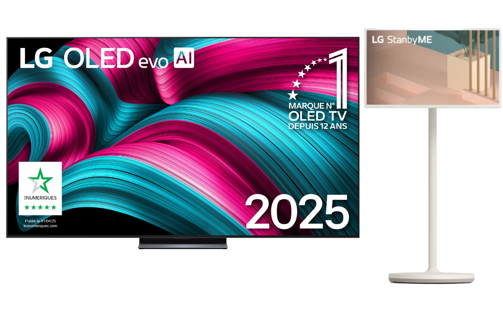Front view of LG OLED evo AI C5 4K Smart TV. 12 Years of world number 1 OLED emblem and LG OLED evo AI 2025 logo are on the screen.