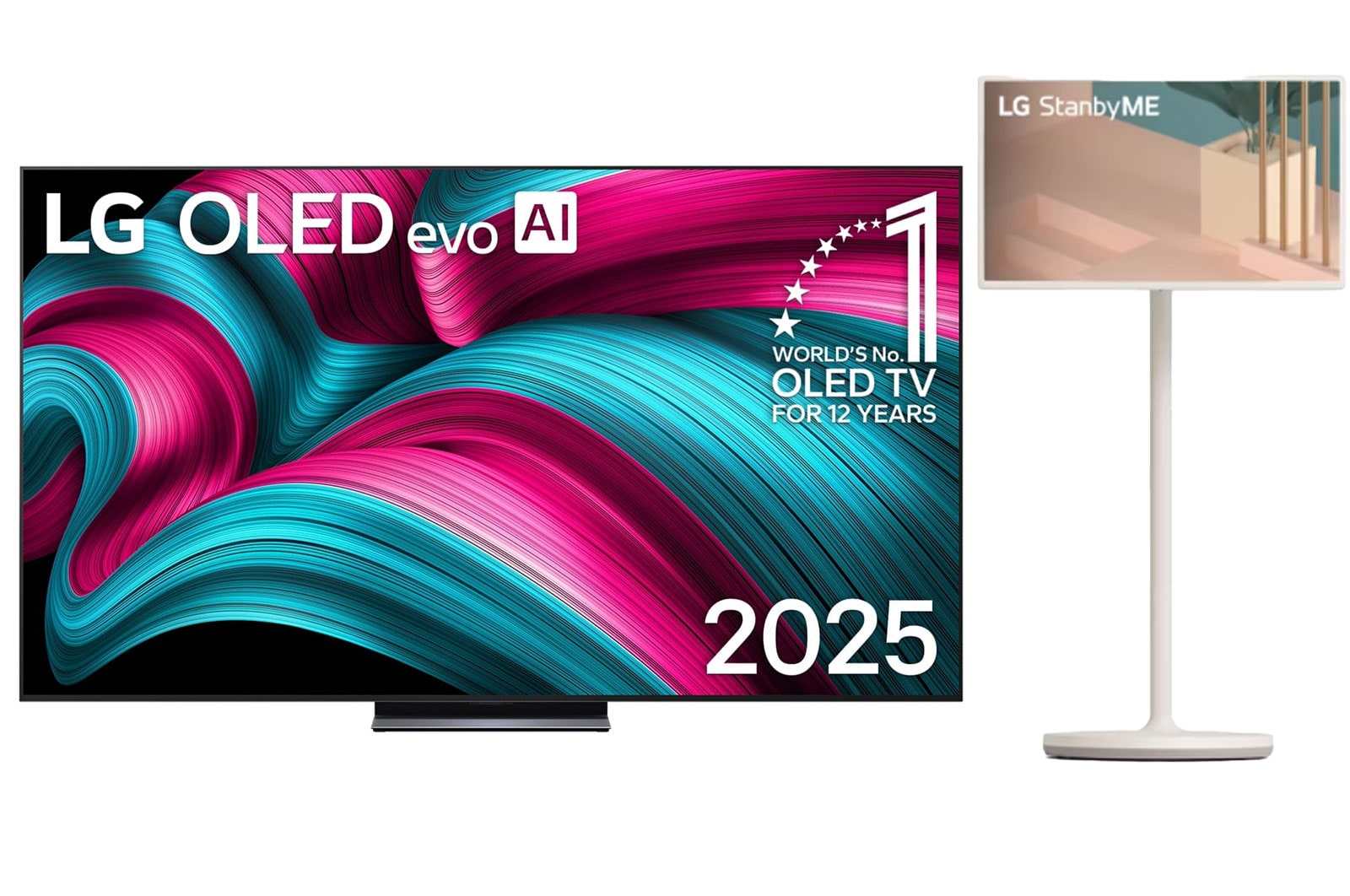 Front view of LG OLED evo AI C5 4K Smart TV. 12 Years of world number 1 OLED emblem and LG OLED evo AI 2025 logo are on the screen.