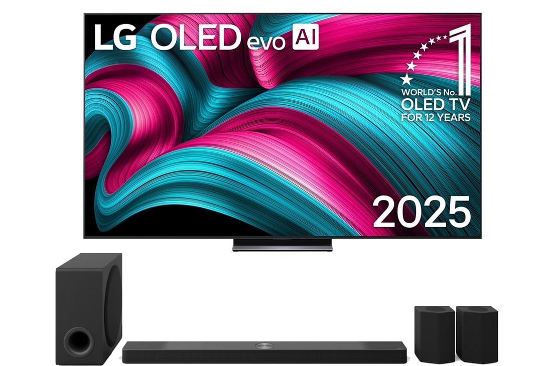 Front view of LG OLED evo AI C5 4K Smart TV. 12 Years of world number 1 OLED emblem and LG OLED evo AI 2025 logo are on the screen.