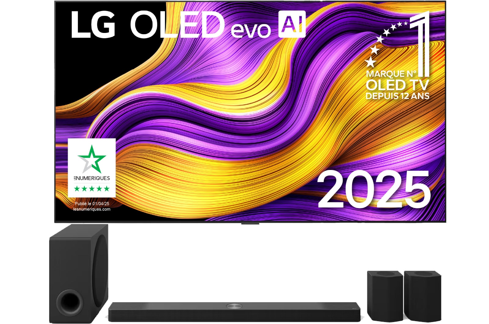 Front view of LG OLED evo AI G5 4K Smart TV. 12 Years of world number 1 OLED emblem and LG OLED evo AI 2025 logo are on the screen.