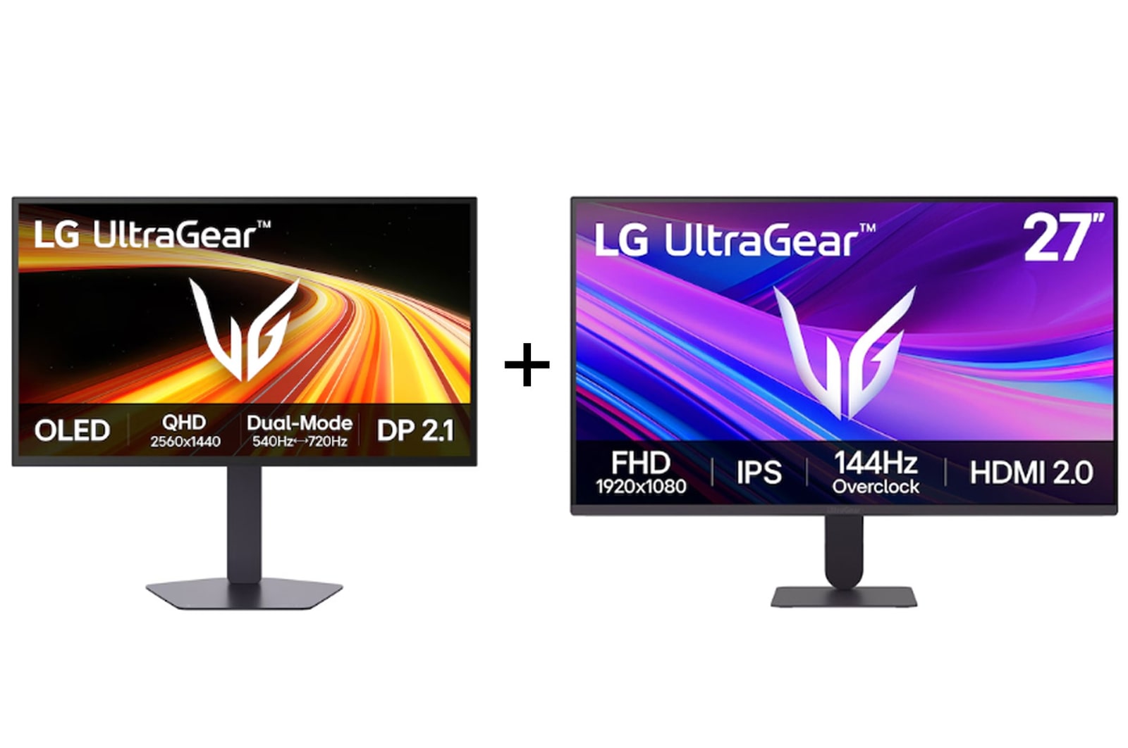 Vue avant de Pack | Moniteur gaming 27" OLED + 27'' (68,5 cm) Moniteur gaming IPS |  LG 27GX790B-B.27G411A