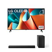 Téléviseur OLED LG, OLED ai B4E, badge OLED n°1 mondial depuis 11 ans et WebOS Re: vue de face du nouveau logo du programme avec support 2 pôles sur l’écran
