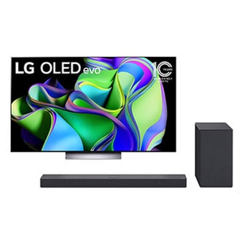 Vue de face du TV LG OLED evo, série C3 et de la barre de son LG SC9S