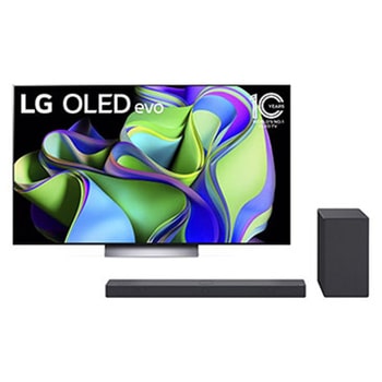 Vue de face du TV LG OLED evo, série C3 et de la barre de son LG SC9S