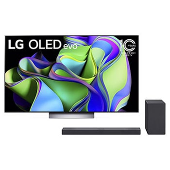 Vue de face du TV LG OLED evo, série C3 et de la barre de son LG SC9S