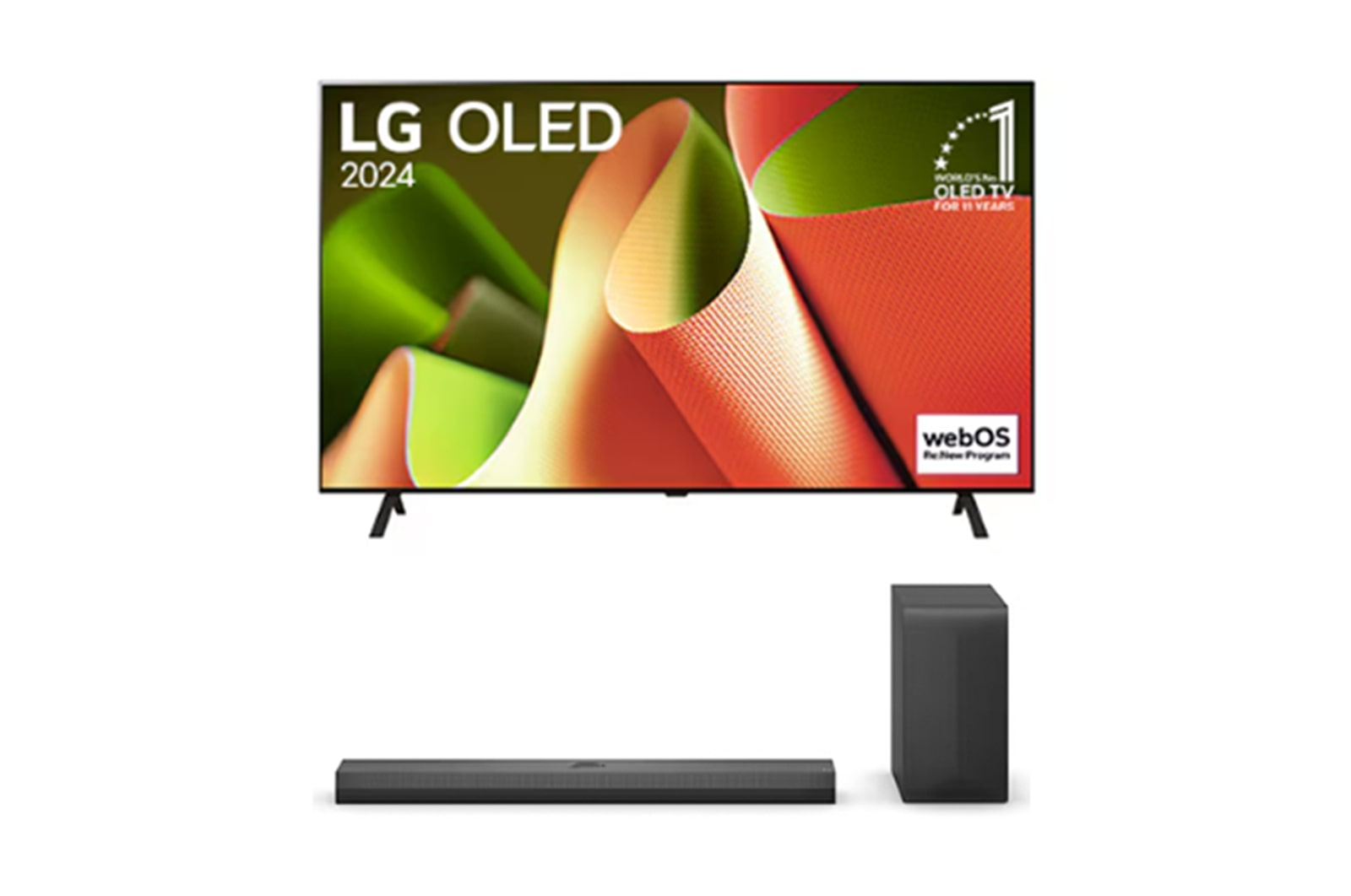 Vue de face avec la TV OLED evo LG, OLED B4, logo de l’emblème OLED numéro 1 dans le monde pendant 11 ans et logo du programme webOS Re:New à l’écran, ainsi que de la barre de son dessous