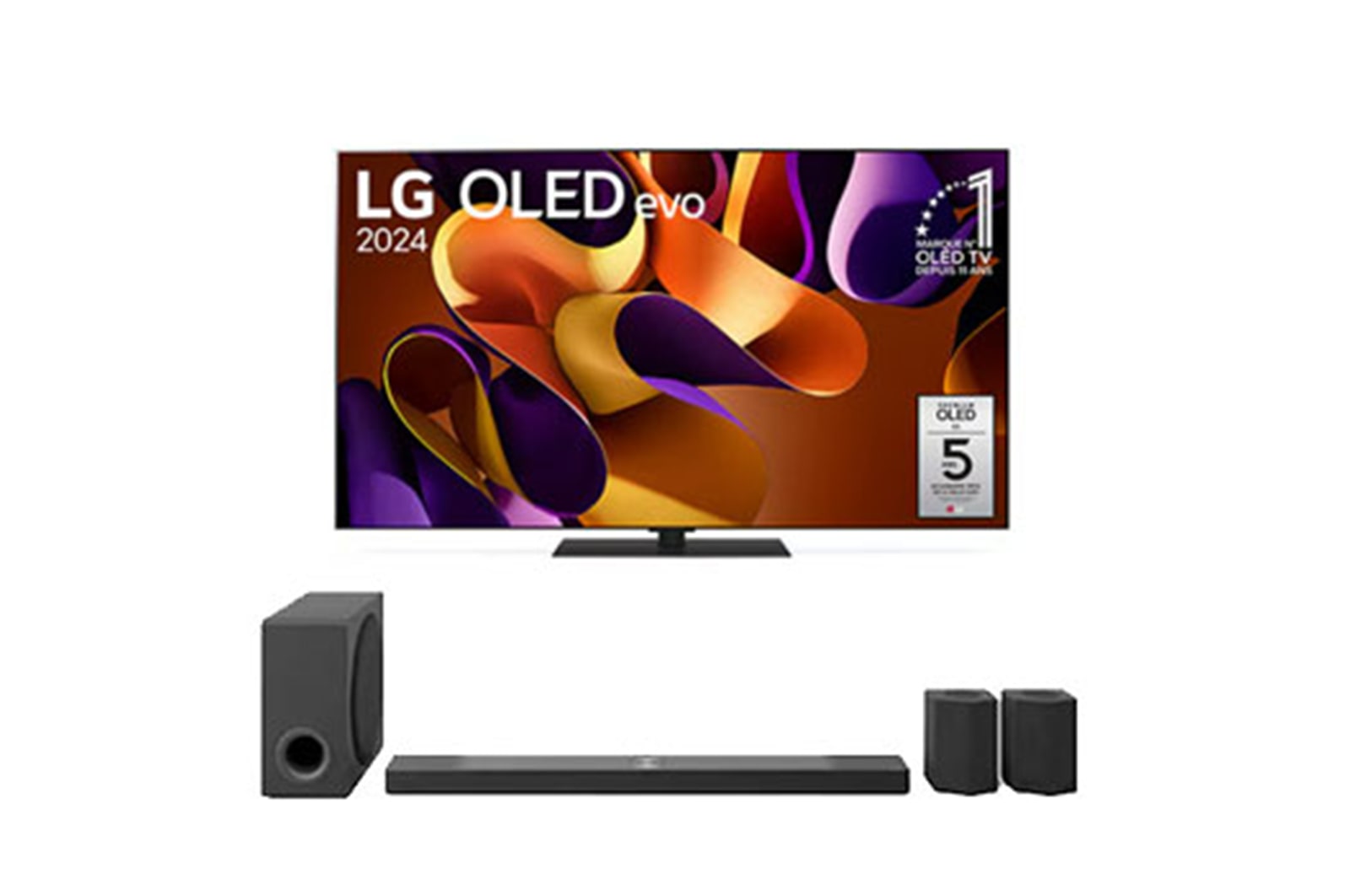 Front view with LG OLED evo TV, OLED G4, 11 Years of world number 1 OLED Emblem, and 5-Year Panel Warranty logo on screen