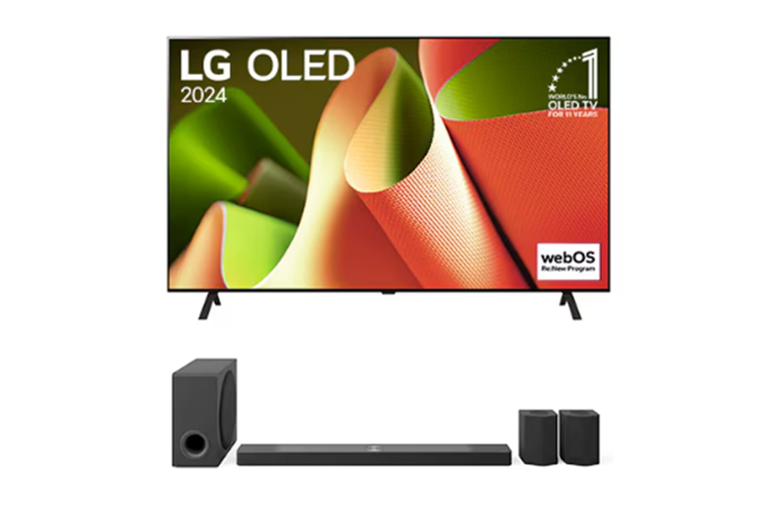 Vue de face avec la TV OLED evo LG, OLED C4, logo de l’emblème OLED numéro 1 dans le monde pendant 11 ans et logo du programme webOS Re:New à l’écran, ainsi que de la barre de son dessous