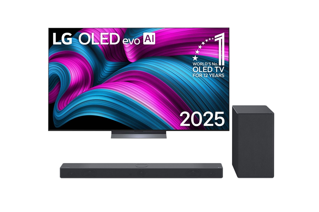 Front view of LG OLED evo AI C5 4K Smart TV. 12 Years of world number 1 OLED emblem and LG OLED evo AI 2025 logo are on the screen.