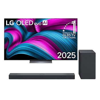 Front view of LG OLED evo AI C5 4K Smart TV. 12 Years of world number 1 OLED emblem and LG OLED evo AI 2025 logo are on the screen.