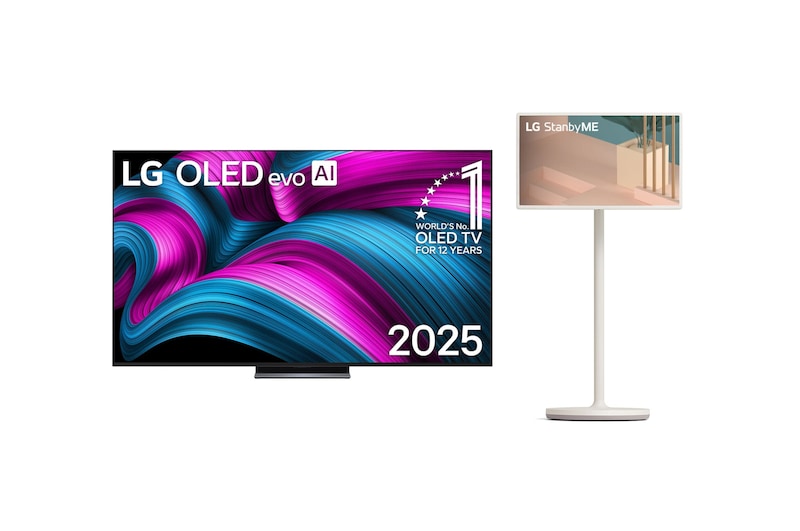 Front view of LG OLED evo AI C5 4K Smart TV. 12 Years of world number 1 OLED emblem and LG OLED evo AI 2025 logo are on the screen.