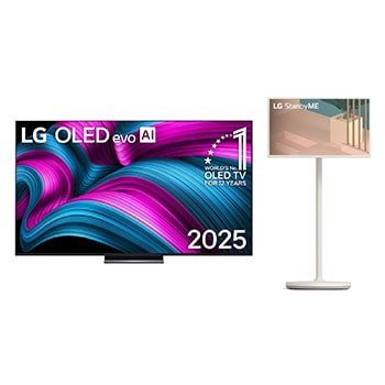 Front view of LG OLED evo AI C5 4K Smart TV. 12 Years of world number 1 OLED emblem and LG OLED evo AI 2025 logo are on the screen.