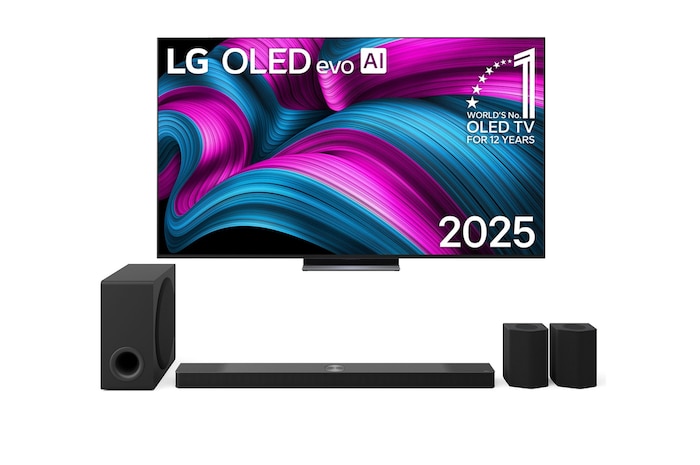 Vue avant du Pack 83 pouces (210 cm) LG OLED evo AI C5E 4K Smart TV 2025 + Barre de son S95TR