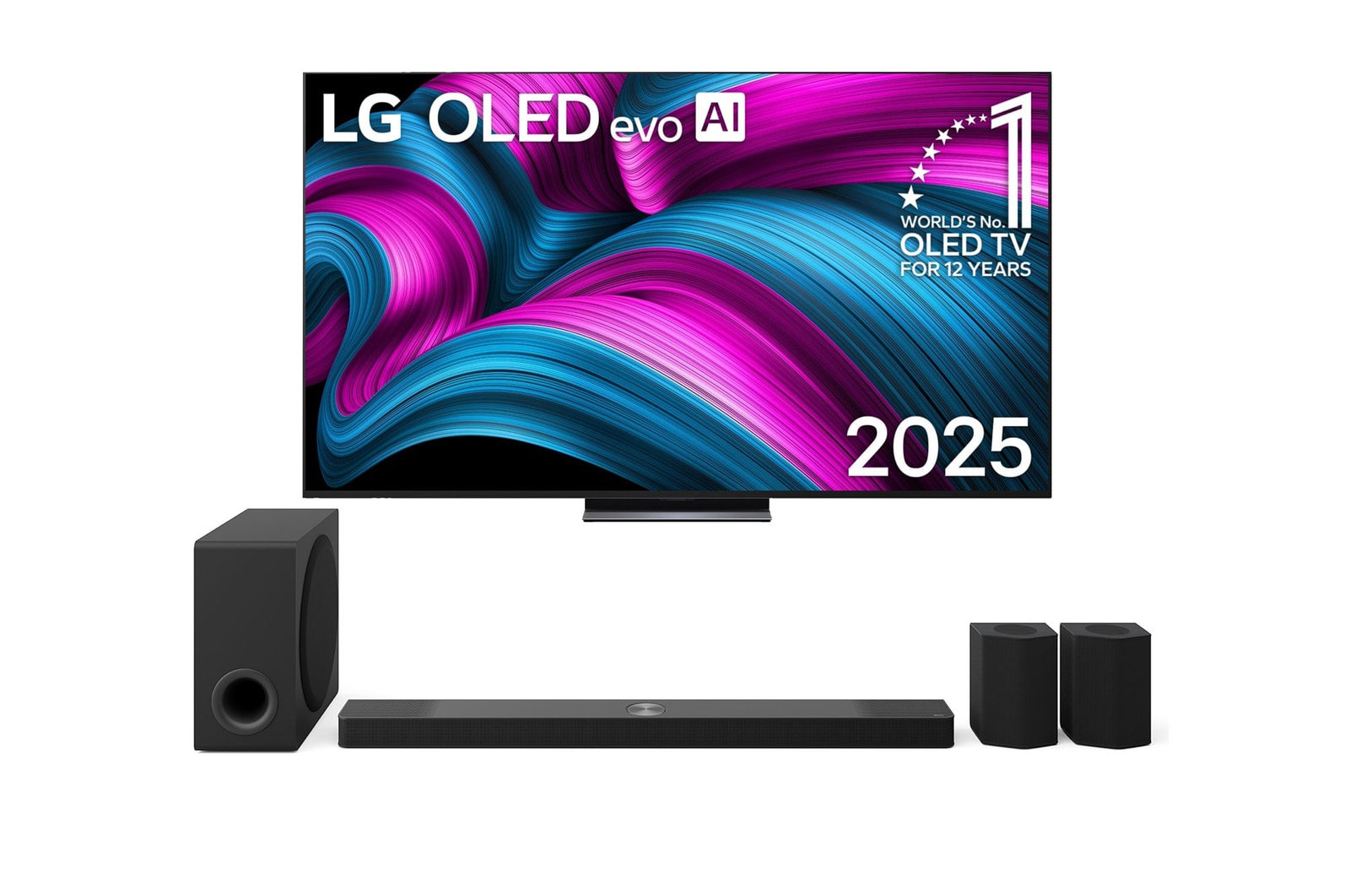Vue avant du Pack 83 pouces (210 cm) LG OLED evo AI C5E 4K Smart TV 2025 + Barre de son S95TR