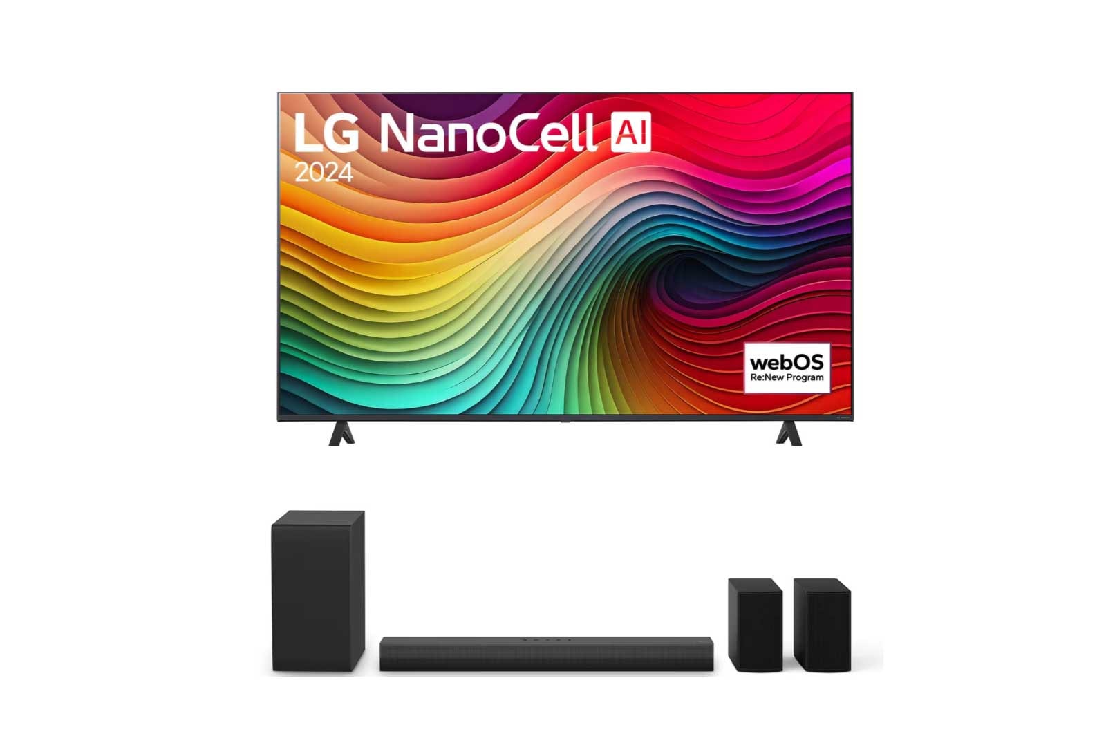 Vue de face du TV LG NanoCell, NANO80 avec le texte LG NanoCell, 2024, et le logo webOS Re:New Program à l’écran.