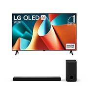 Téléviseur OLED LG, OLED ai B4E, badge OLED n°1 mondial depuis 11 ans et WebOS Re: vue de face du nouveau logo du programme avec support 2 pôles sur l’écran