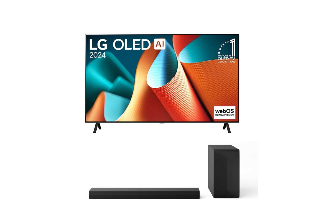Téléviseur OLED LG, OLED ai B4E, badge OLED n°1 mondial depuis 11 ans et WebOS Re: vue de face du nouveau logo du programme avec support 2 pôles sur l’écran