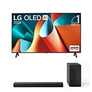 Téléviseur OLED LG, OLED ai B4E, badge OLED n°1 mondial depuis 11 ans et WebOS Re: vue de face du nouveau logo du programme avec support 2 pôles sur l’écran