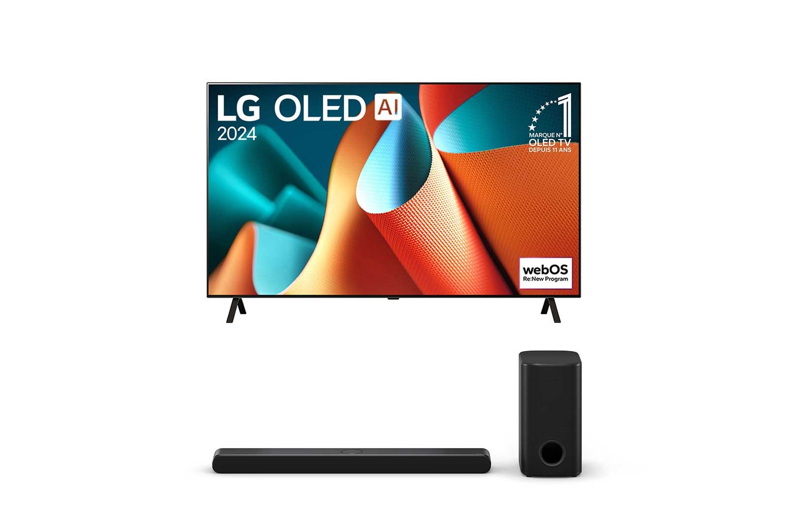 Téléviseur OLED LG, OLED ai B4E, badge OLED n°1 mondial depuis 11 ans et WebOS Re: vue de face du nouveau logo du programme avec support 2 pôles sur l’écran