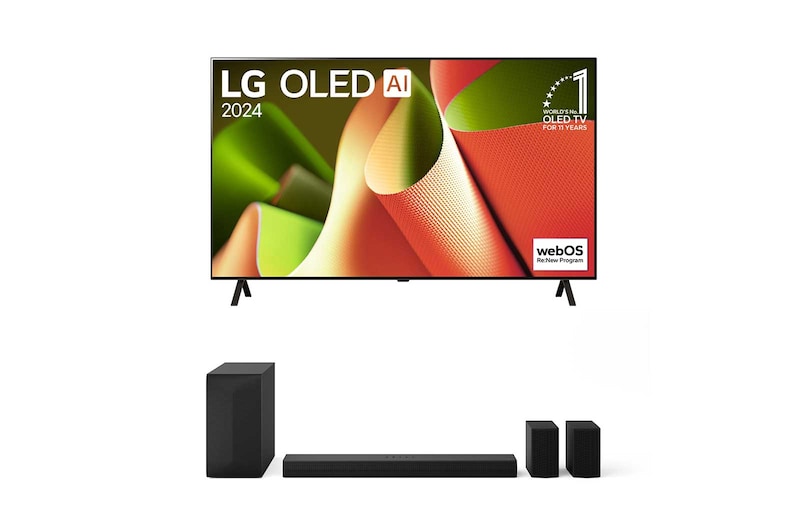 Vue de face de la TV OLED LG, OLED B4, logo de l’emblème OLED numéro 1 dans le monde pendant 11 ans et logo du programme webOS Re:New à l’écran.