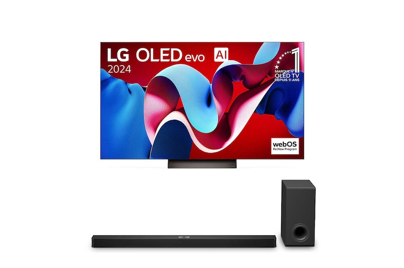 Vue de face de la TV OLED evo LG, OLED C4, logo de l’emblème OLED numéro 1 dans le monde pendant 11 ans et logo du programme webOS Re:New à l’écran.