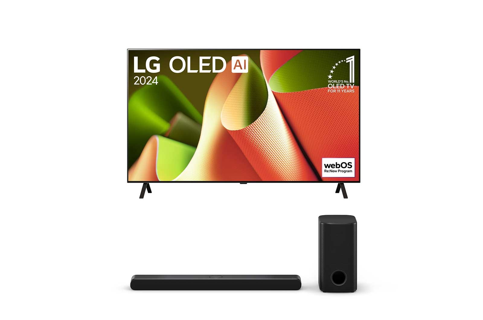 Vue de face de la TV OLED LG, OLED B4, logo de l’emblème OLED numéro 1 dans le monde pendant 11 ans et logo du programme webOS Re:New à l’écran.