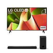 Vue de face de la TV OLED LG, OLED B4, logo de l’emblème OLED numéro 1 dans le monde pendant 11 ans et logo du programme webOS Re:New à l’écran.