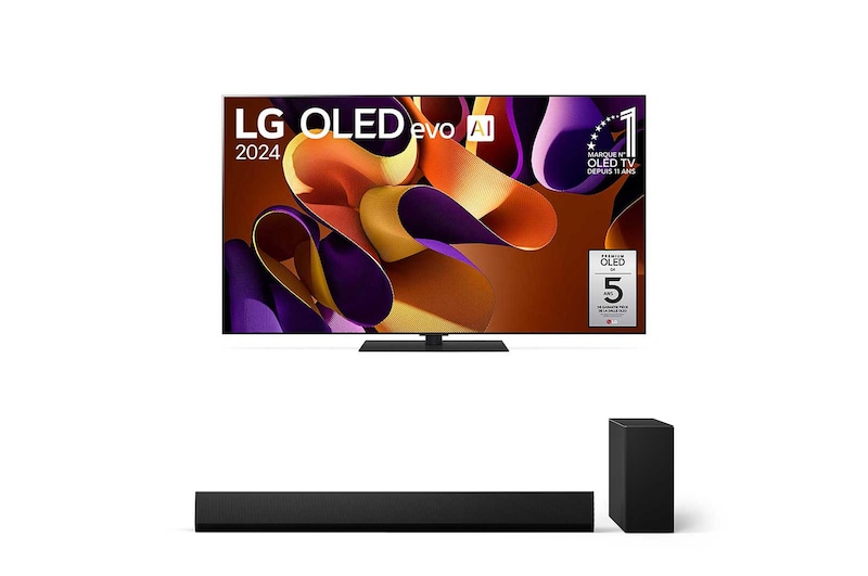 Vue de face avec la TV OLED evo LG, OLED G4, emblème OLED numéro 1 dans le monde pendant 11 ans et logo de la garantie de panneau de 5 ans à l’écran.