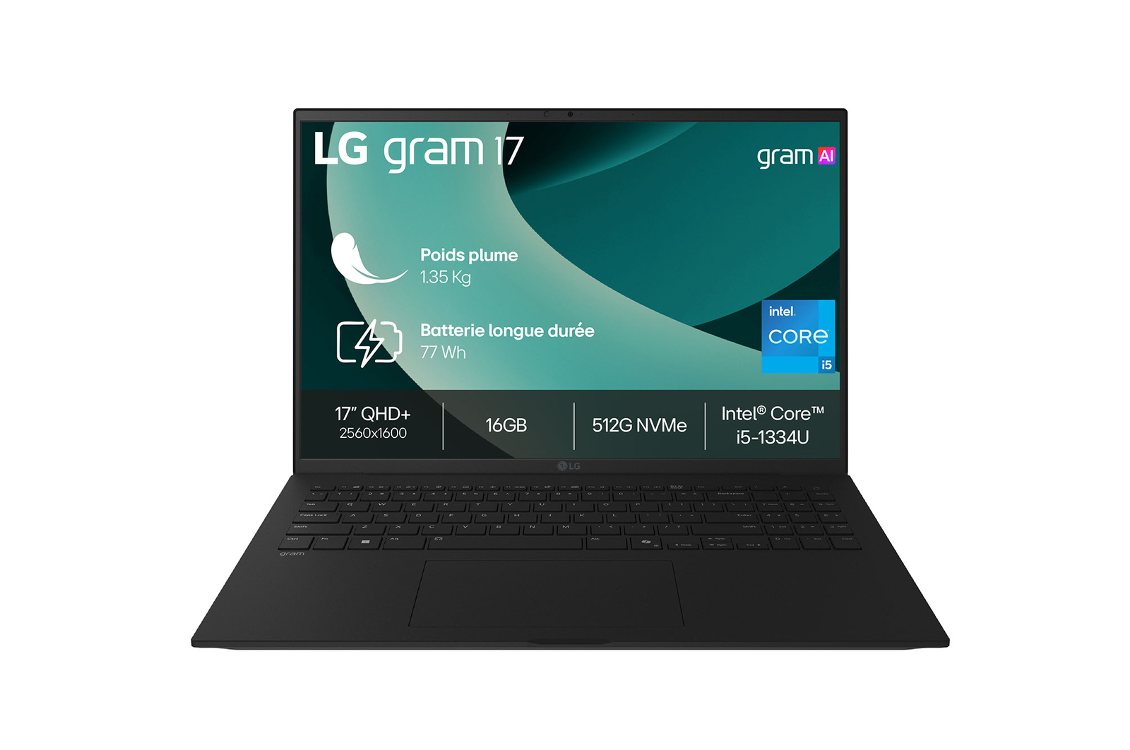 Vue avant de LG gram 17&#34; | Intel® Core™ i5-1334U, 16Go/512Go/Noir LG 17Z90RU-G.AP55F