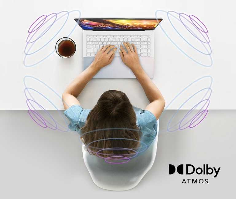 L'image montre que le son émis par les haut-parleurs du gram est diffusé dans tout l'espace qui entoure le pc portable.