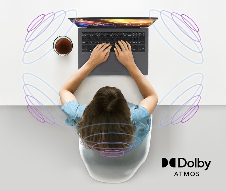 L'image montre que le son émis par les haut-parleurs du gram est diffusé dans tout l'espace qui entoure le pc portable.