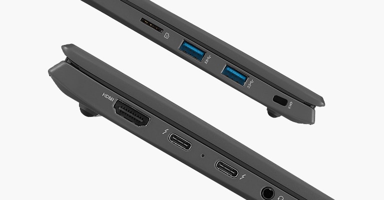 L'image montre le LG gram de profil sur 2 côtés avec les ports Thunderbolt™ 4.