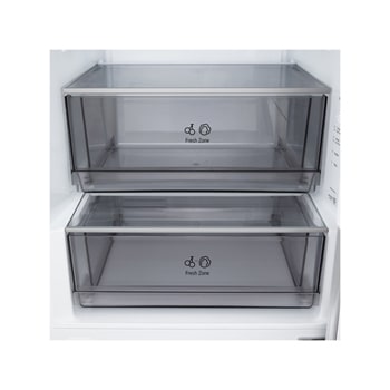 Gros plan sur le réfrigérateur congélateur LG (gbbsj20dpy) d’une étagère à vin contenant quatre bouteilles et une boîte de macarons avec un design de clayette agrandie en image circulaire