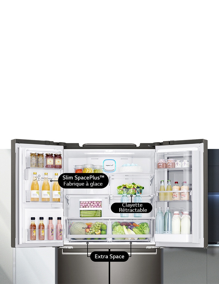 Réfrigérateur portes ouvertes avec ses différentes options pratiques