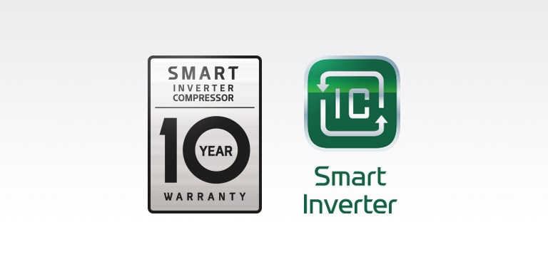L'icône de la garantie de 10 ans du Compresseur Smart Inverter se trouve à côté de l'icône du Compresseur Smart Inverter.