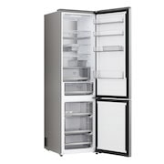 Réfrigérateur congélateur LG (gbbsj20dpy) intégré dans une armoire marron foncé avec fenêtre et canapé à gauche et évier à droite