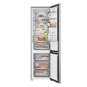 Gros plan sur le réfrigérateur congélateur LG (gbbsj20dpy) d’une étagère à vin contenant quatre bouteilles et une boîte de macarons avec un design de clayette agrandie en image circulaire