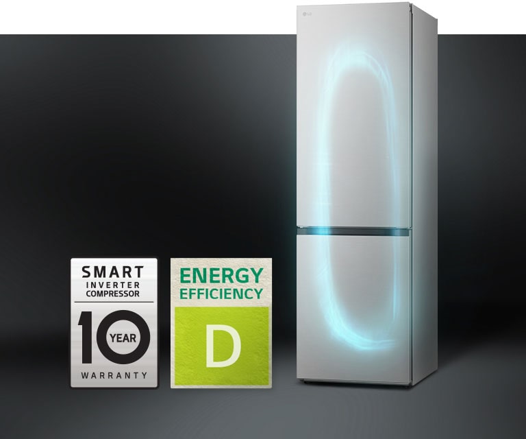 Réfrigérateur LG avec compresseur intelligent et efficacité énergétique C. Garantie 10 ans à gauche.