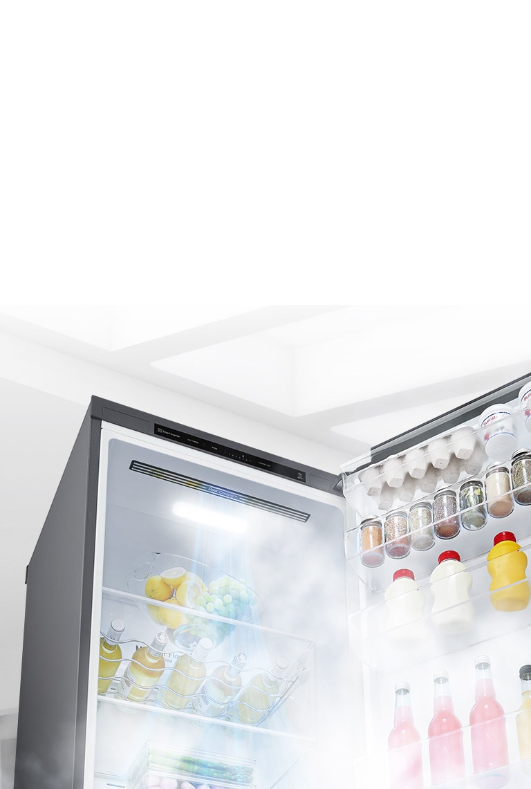 Le réfrigérateur est représenté ouvert en biais et rempli de produits. De l'air blanc est soufflé du haut de l'intérieur vers le bas autour de tous les aliments pour les garder au frais.