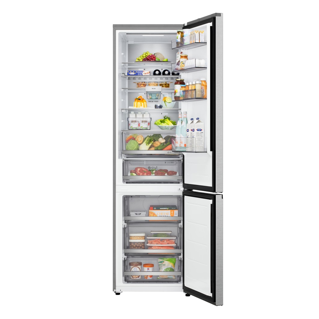 À gauche, de la viande avec température -3 °C affichée, au centre, du poisson frais avec température 0 °C et à droite, du fromage avec température 2 °C.