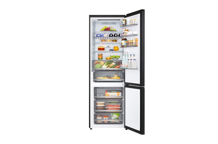 LG fridge freezer (GBBW726AEV) top view with matte black fridge on left and cabinet wall on right